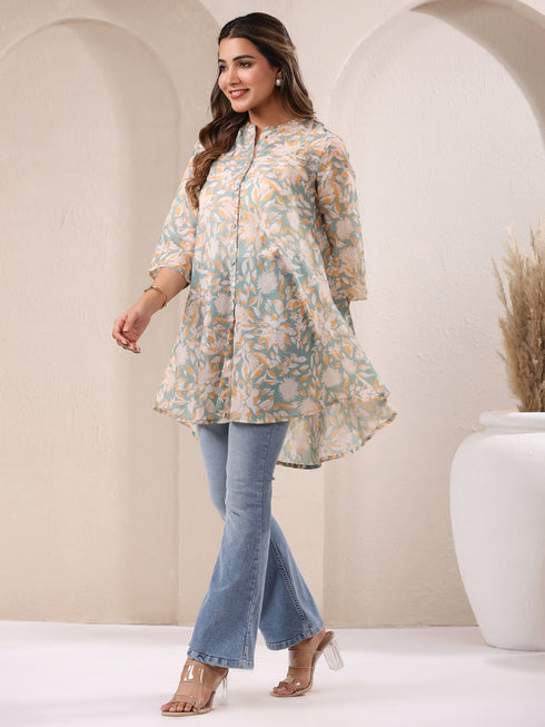 Sage Green Cotton Blend Floral Printed A-line Tunic